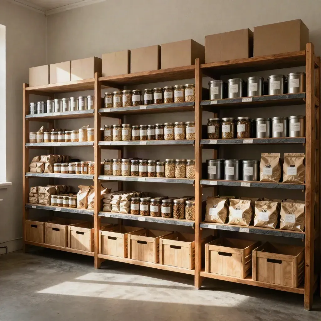 Three evenly stocked retail shelf bays with matching crates in warm morning light.