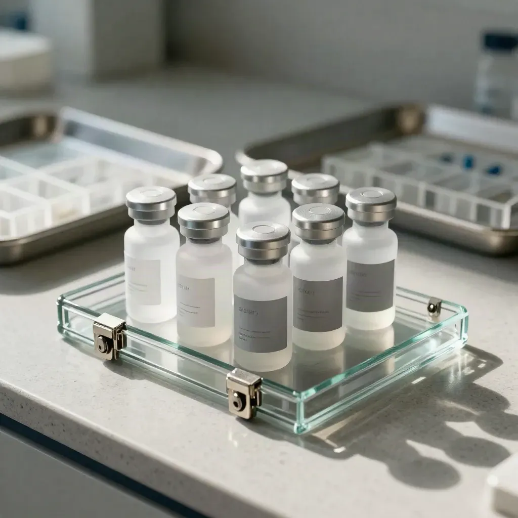 Sealed sample vials and approval blocks inside a glass case on a stone plinth.