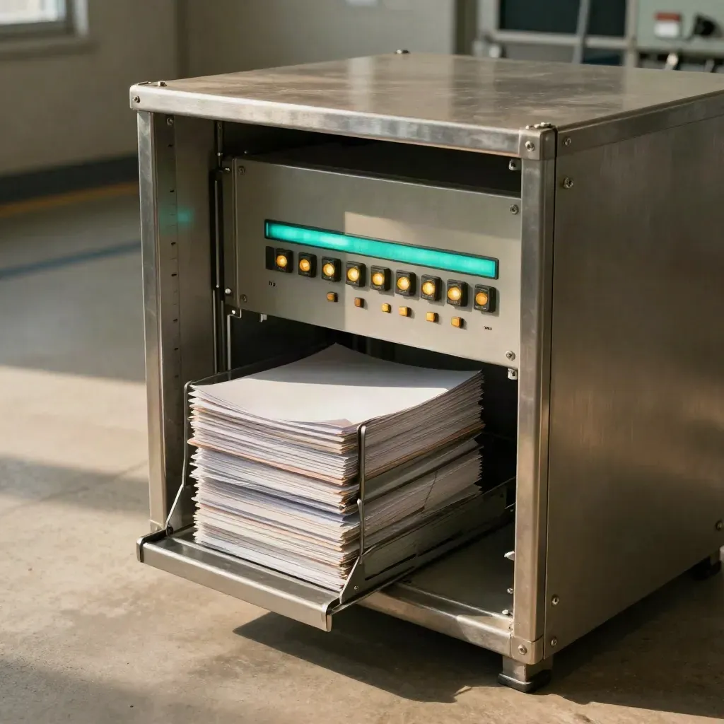 Automation relay panel glowing beside stacked report trays in a modern operations bay
