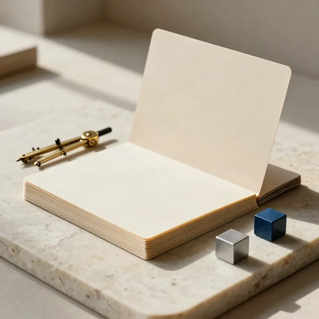 Brass compass, stacked dividers, and modular blocks on pale limestone with soft side light.