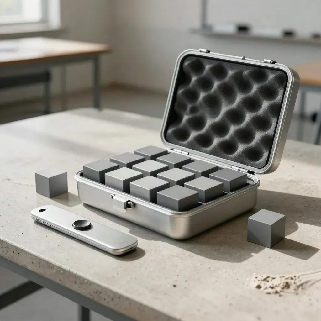 Open training kit with magnetic cubes and remote clicker on a pale concrete surface.